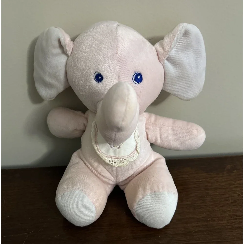 Animal Fair Pink Elephant Rattle Baby Plush Toy Bib Vintage 9